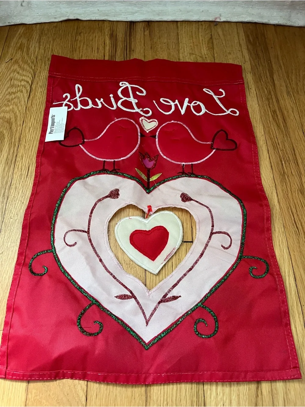 Vintage Pier 1 Imports Mini embroidered garden flag Valentines Day love birds